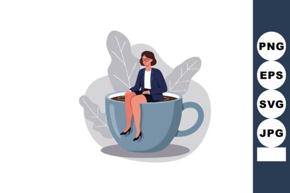 Businesswoman Sitting Inside Large Coffee Cup Graphics & Illustrations Review