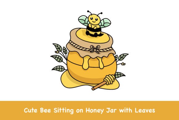 Cute Bee Sitting on Honey Jar with Leaves