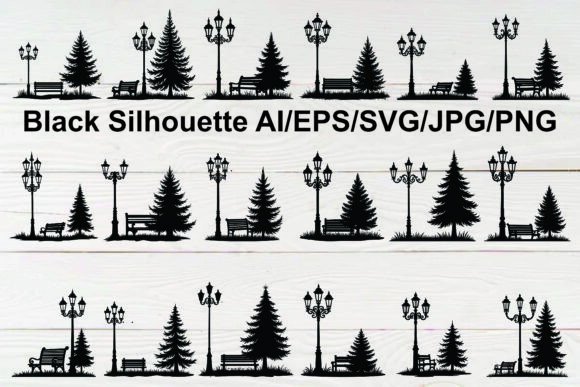 Silhouette Park Bench Lamp Posts Set: Elegant Graphics for Editorial and Web Design