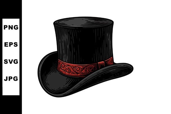 Victorian Black Top Hat with Red Pattern: A Classic Graphic for Elegant Illustrations