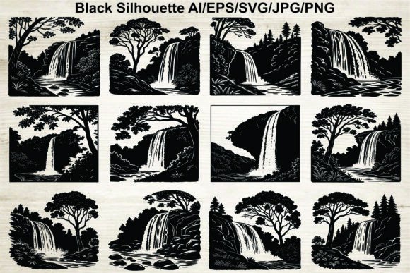 Waterfall Silhouette Icon Set: Nature-Inspired Graphics for Authentic Branding